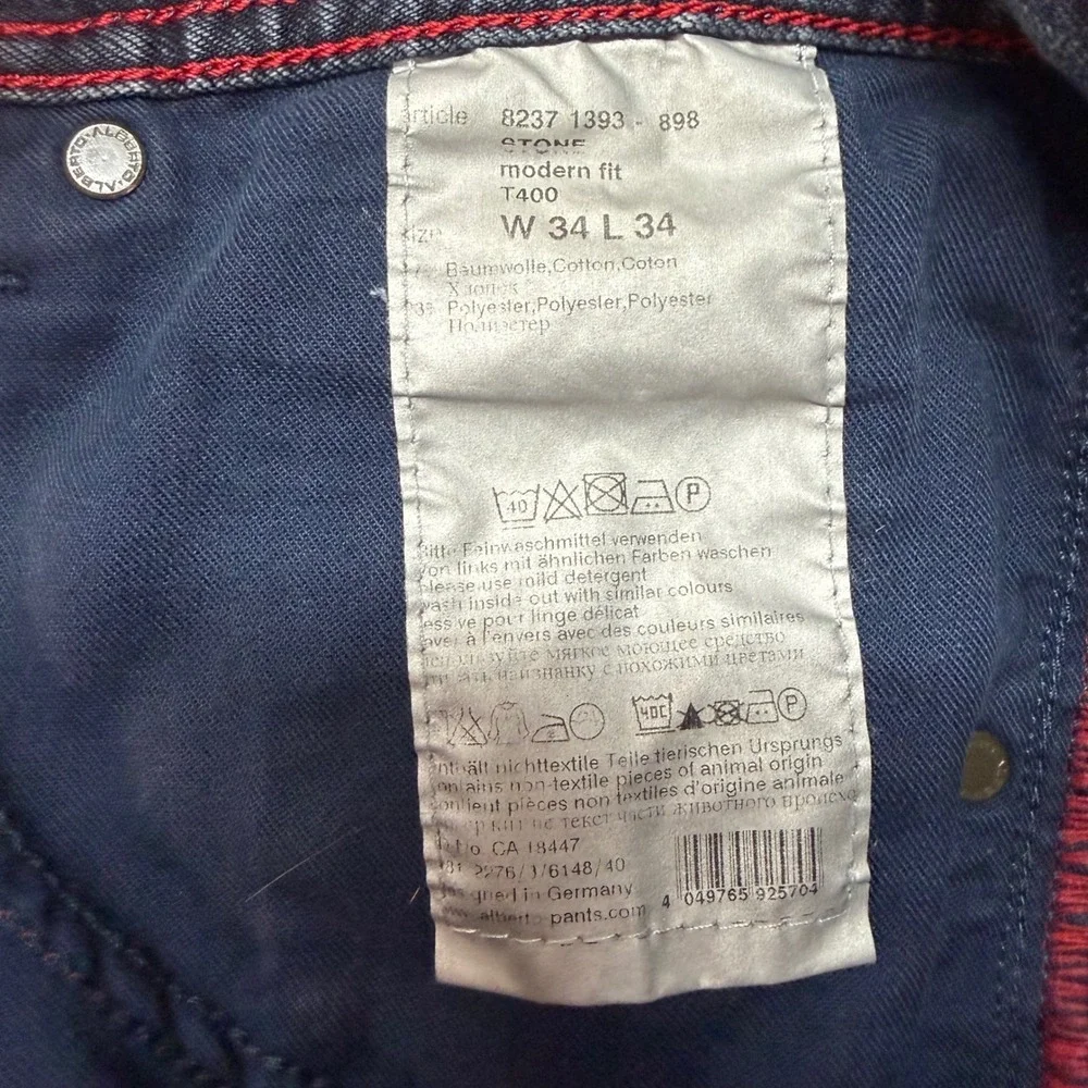 Alberto Modern Fit T400 Denim Jeans Mens 34x34 Dark Wash Straight Leg Blue 8237